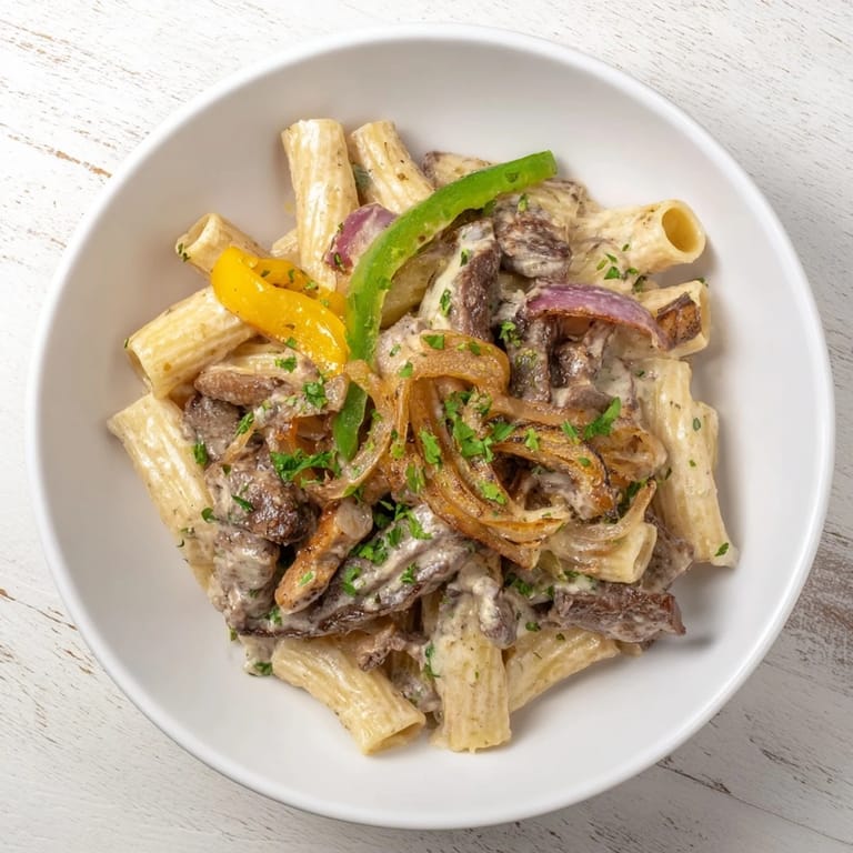 Golden-brown Philly Cheesesteak Pasta, with a close-up of the flavorful beef and vegetable mixture, ready for serving.