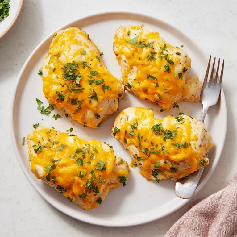 A close-up shot of baked Cheddar Ranch Chicken, ready to eat, with melted cheese and tender chicken.