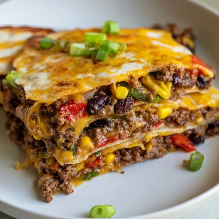 A close-up of baked Sheet Pan Quesadillas with Beef, showcasing crispy tortillas and melted cheese details.