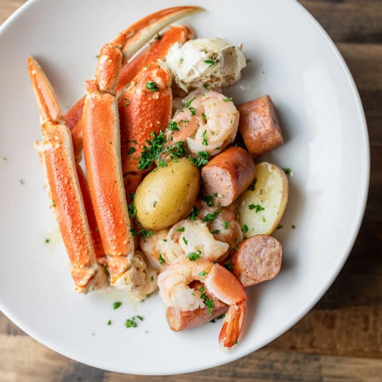 A beautiful Southern-style seafood boil with crab, shrimp, and sausage, great for sharing and enjoyed with butter!