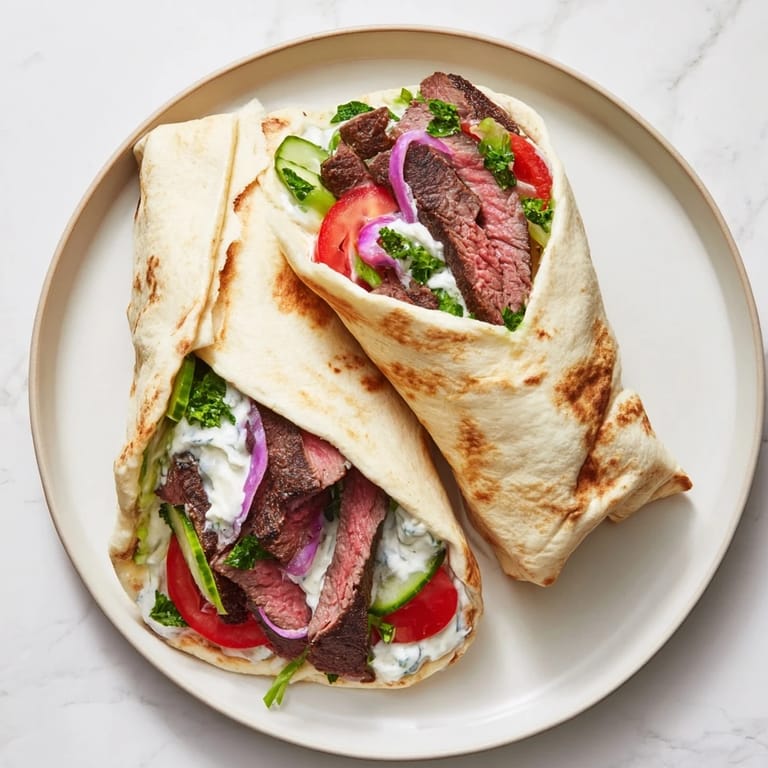 View of a delicious Beef Shawarma wrap on a plate, featuring fresh vegetables and creamy yogurt dressing.