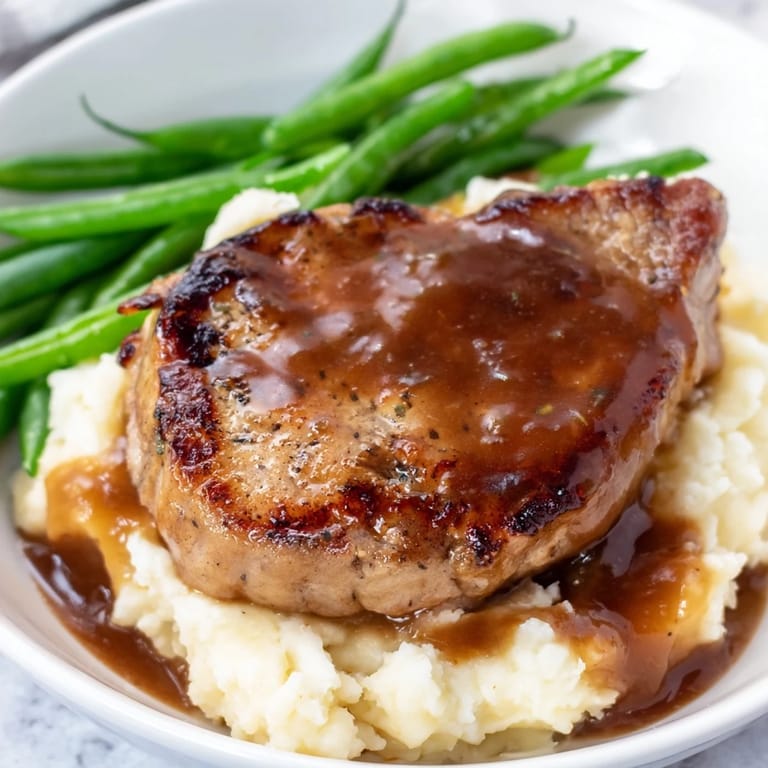A hearty Pork Chops & Cheddar Mash Bowl featuring tender pork chops, sharp cheddar mash, and vibrant green beans.