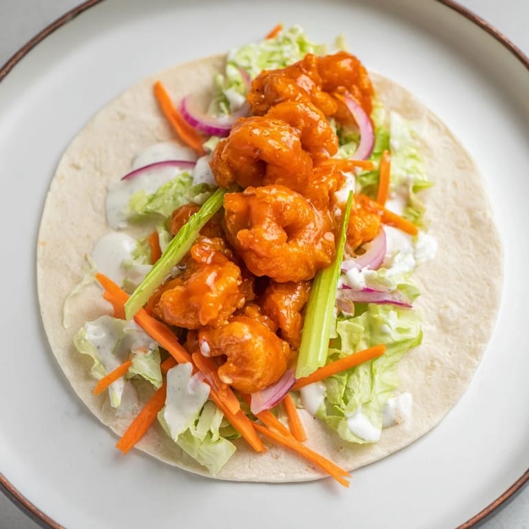 Spicy, flavorful Buffalo Shrimp Wraps, a quick and easy American meal with crisp vegetables.