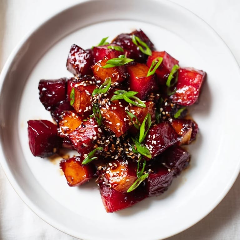 This image shows glistening Miso Roasted Winter Vegetables, beautifully caramelized and ready to serve with optional sesame seeds.