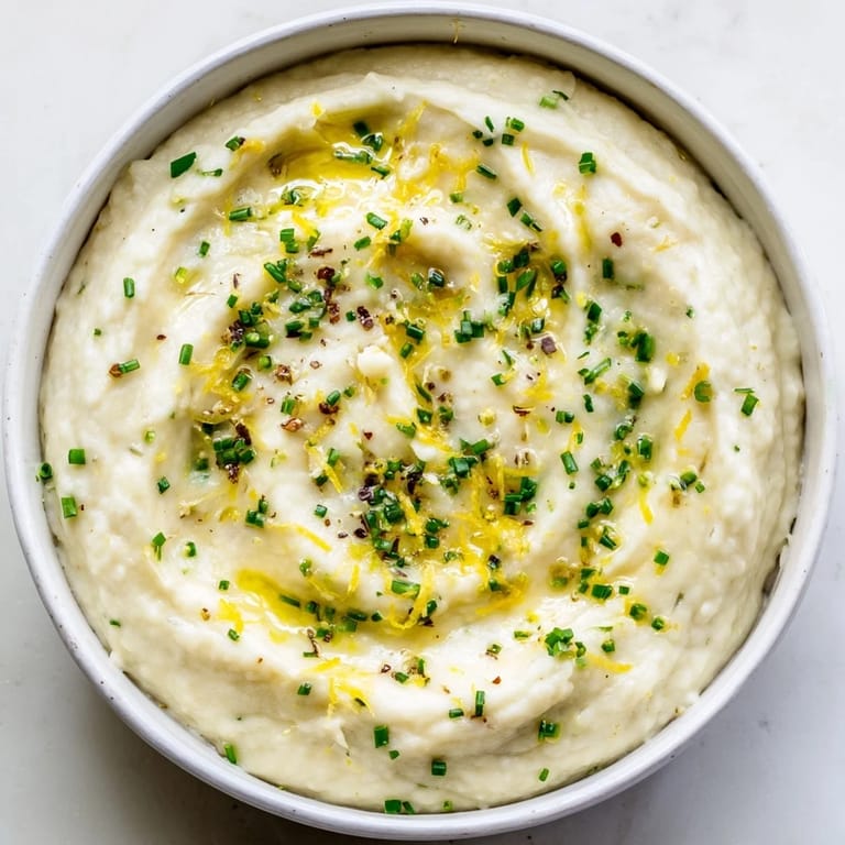 A close-up of a bowl of cauliflower mash; see the lemon zest, a flavorful, garlicky side dish.