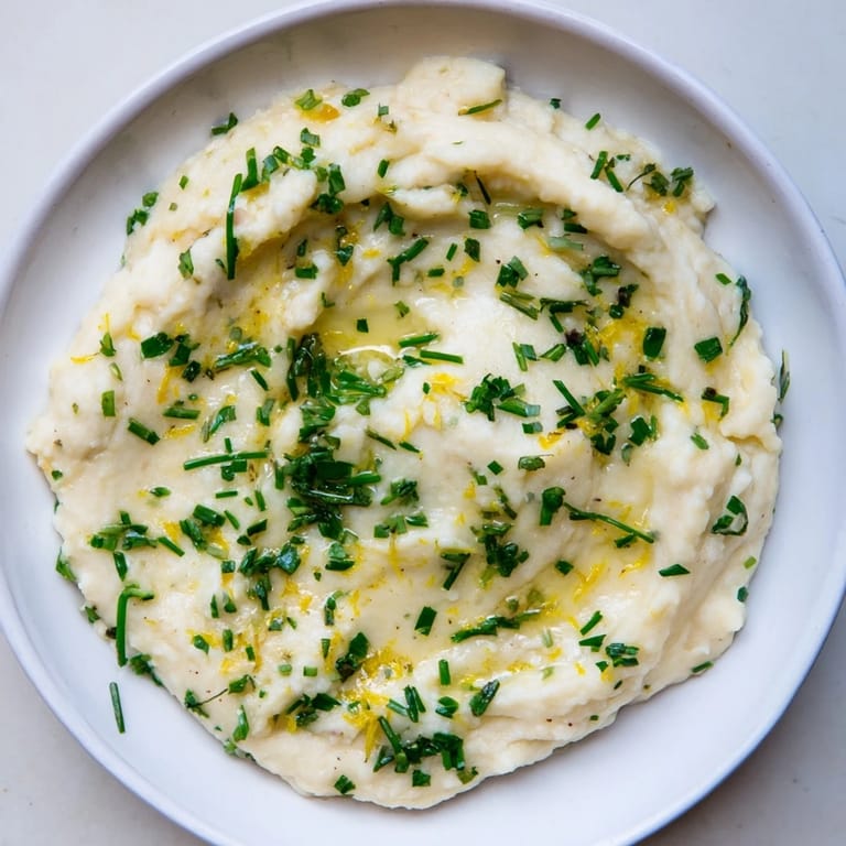 Fluffy cauliflower mash, infused with roasted garlic, a light and healthy alternative to mashed potatoes.