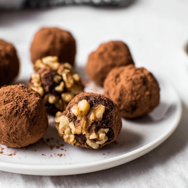 Homemade Date & Walnut Truffles, a vegan treat perfect for gifting, photographed on a serving plate.