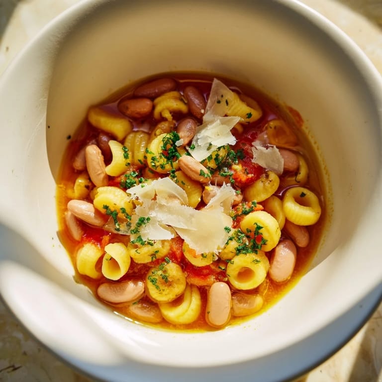 A visually appealing close-up of Pasta e Fagioli Soup, with various beans and small pasta shapes in a rich broth.