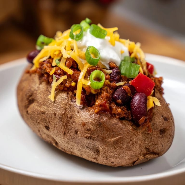 A close-up of Chili-Style Baked Potatoes overflowing with chili, offering a comforting aroma.