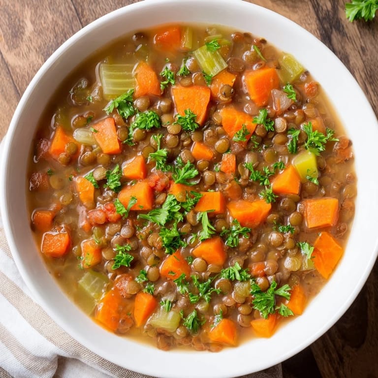 Homemade Lentil Soup, a rich blend of lentils, carrots and celery, perfect for a cozy supper.
