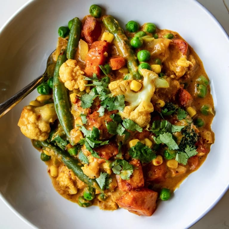Creamy coconut milk coats tender vegetables in this aromatic veggie coconut curry, ready to serve.