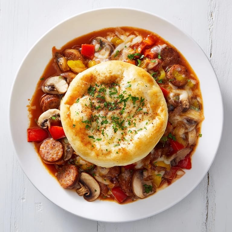 Golden, baked pizza dough topping the savory Pizza Pot Pie Soup mashup, a comforting meal.