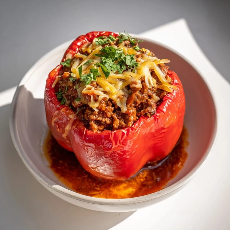 A close-up view of the baked Sloppy Joe Stuffed Peppers with a vibrant, flavorful meat filling.