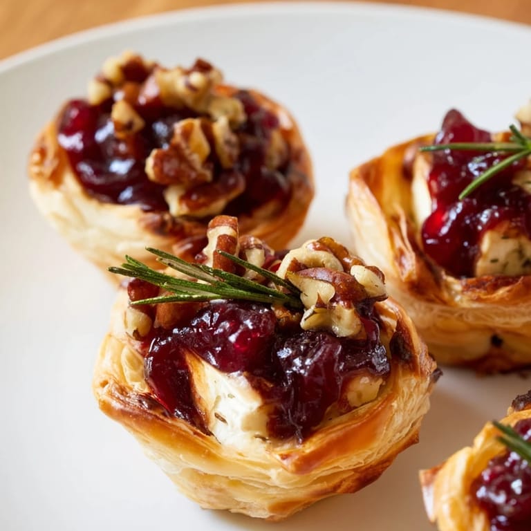 These festive Quick Cranberry Brie Bites feature a beautiful, close-up of baked Brie and cranberry filling.