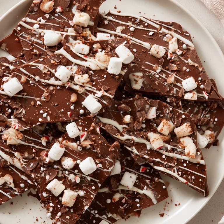 Festive Hot Chocolate Bomb Bark, featuring a swirl of white chocolate, perfect for holiday treats and gifting.