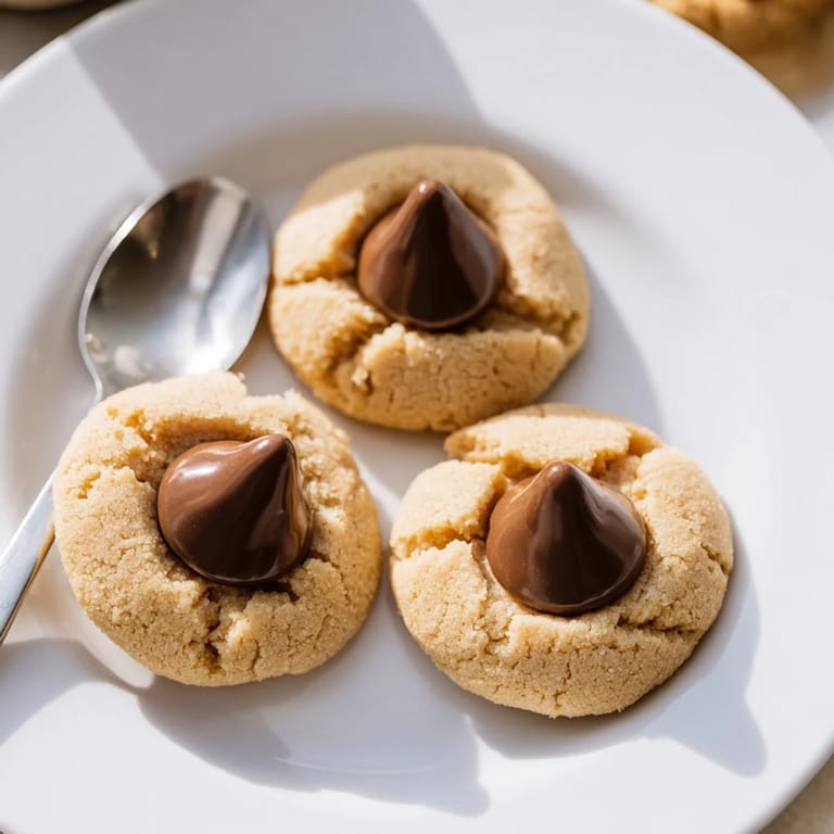 Freshly baked 3-Ingredient Peanut Butter Blossoms, tempting with a sweet peanut butter aroma and chocolate topping.