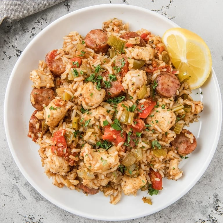 This delicious Simple Chicken and Sausage Jambalaya Bake shows off fluffy rice with colorful vegetables and savory meats.