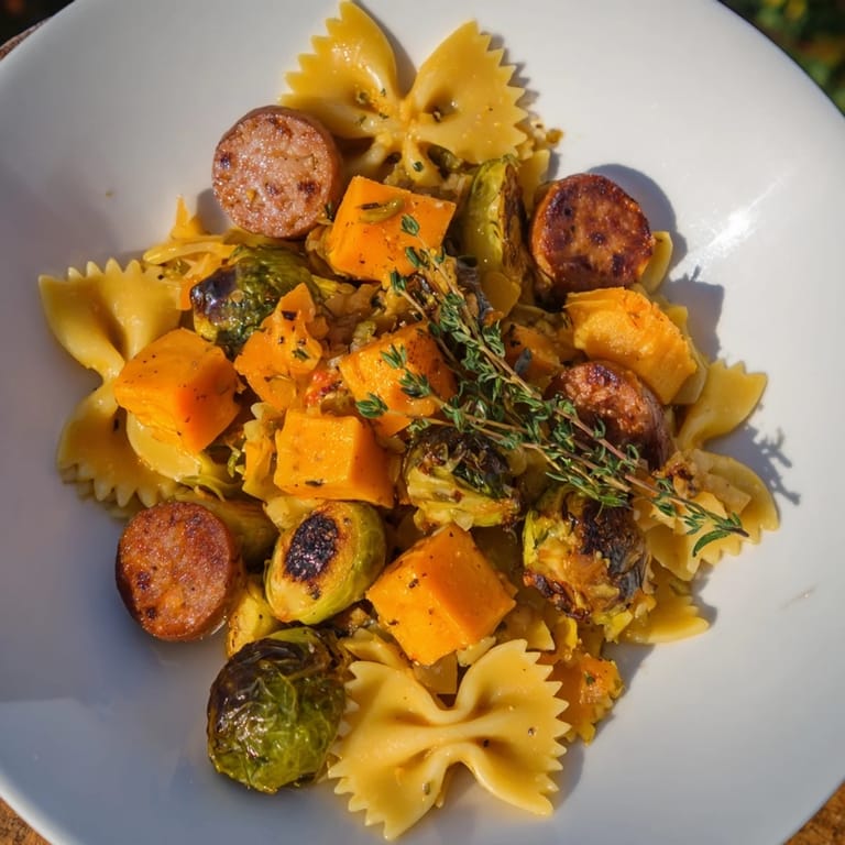 Buttery, flavorful Autumn Sausage Pasta Squash with a mix of tender bow tie pasta and roasted seasonal produce.