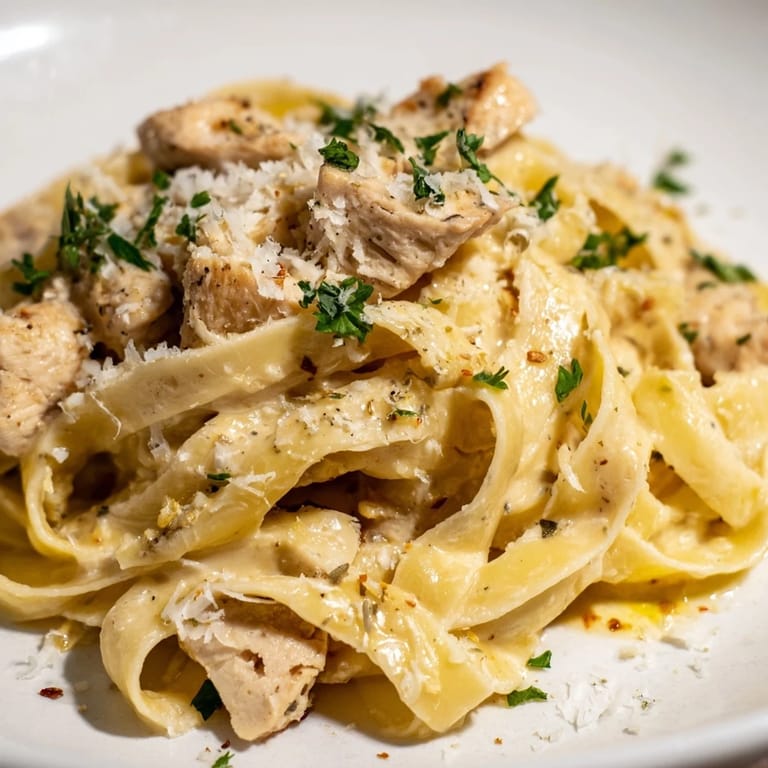 A close-up shot of Cowboy Butter Chicken Pasta, showcasing the creamy sauce and tender chicken pieces.