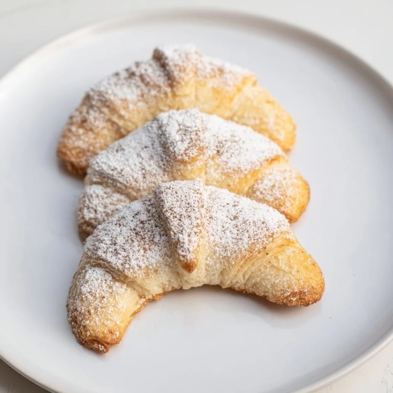 Close-up of buttery Quick Christmas Cookie Croissants, showing their crescent shape and almond flecks.