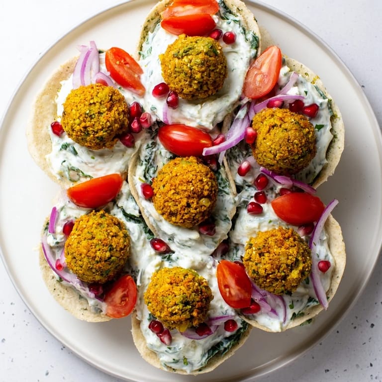 Imagine the flavors of this vibrant Festive Falafel & Tzatziki Christmas Wreath Wrap, ready for serving guests.