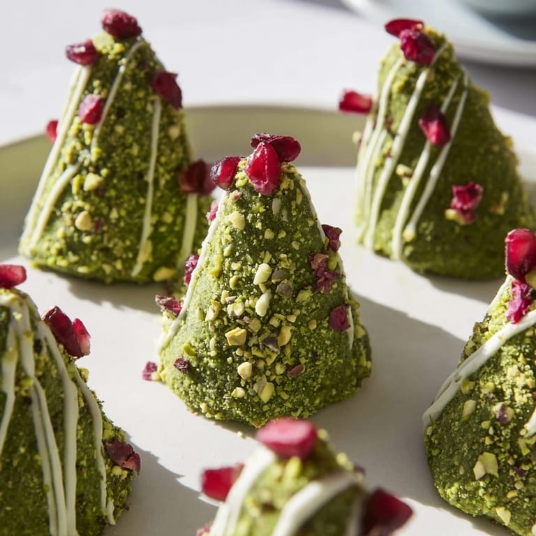 Soft, no-bake Matcha Pistachio Christmas Tree Energy Bites shaped like trees, garnished with bright red cranberries, perfect for sharing.