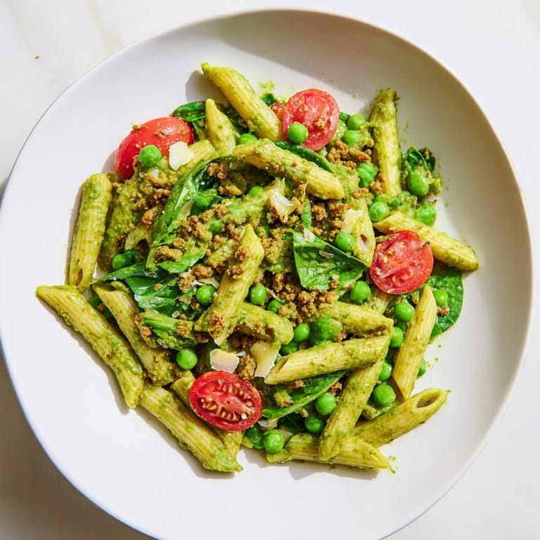 This one-pot creamy pesto pea protein pasta features tender pasta, vibrant green pesto, and a sprinkle of Parmesan.