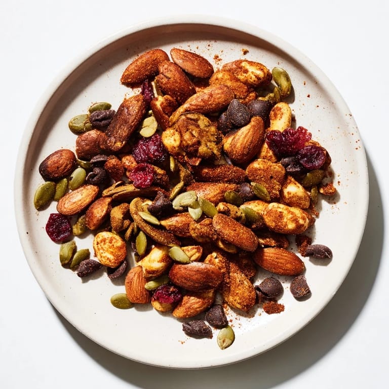 A close-up of a rustic, textured bowl filled with delicious Acorn & Oak Snack Mix.