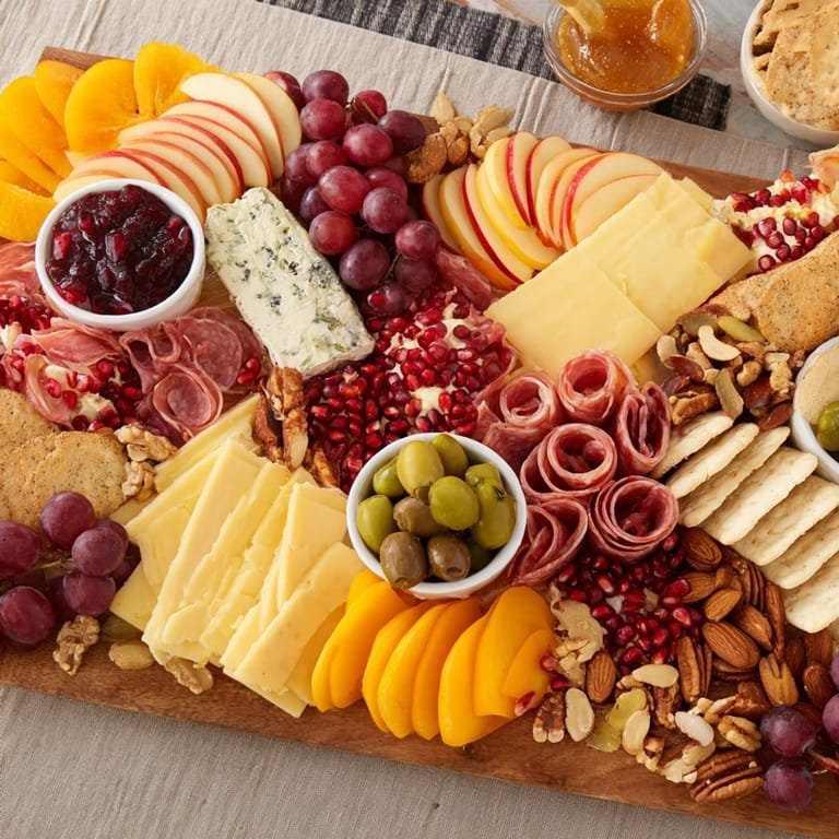 Inviting image of a cornucopia harvest board with assorted cheeses, grapes, and nuts, perfect for sharing.