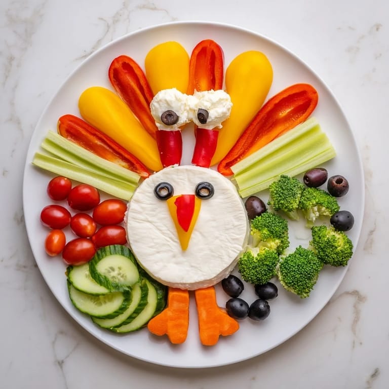 This festive Turkey Shaped Appetizer Tray features a delicious arrangement of fresh vegetables and cheese.