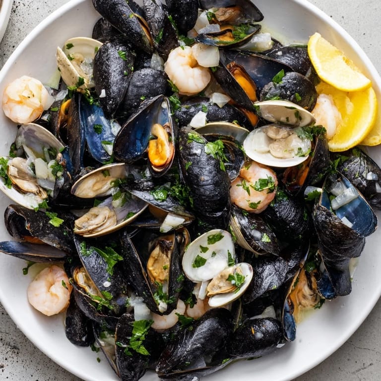 Glistening clams, shrimp, and mussels: the flavorful Shellfish & Seafood Medley served with lemon wedges.