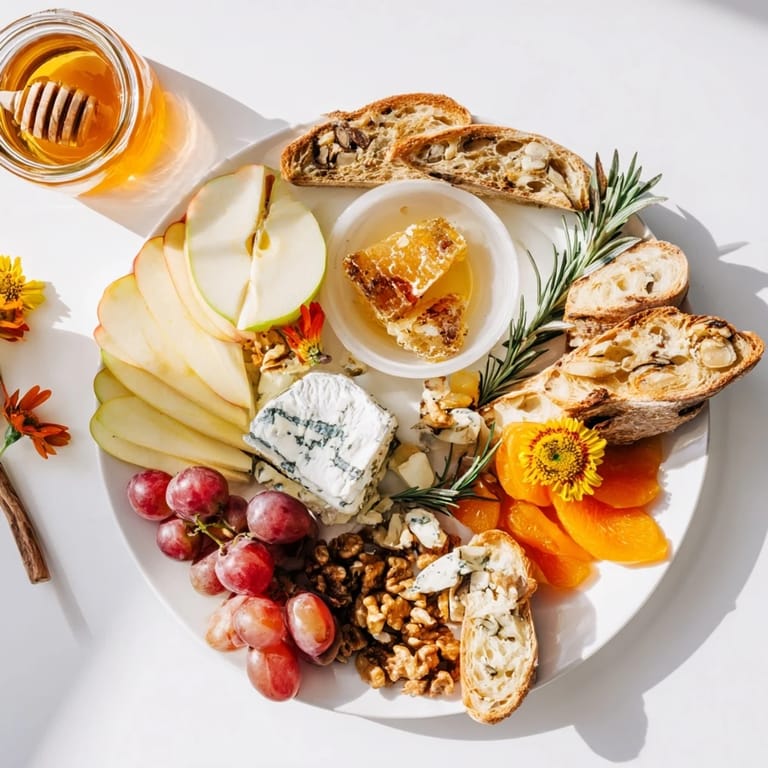 A beautifully arranged Honeycomb, Honey & Cheese Board ready for a delicious appetizer, including Brie.