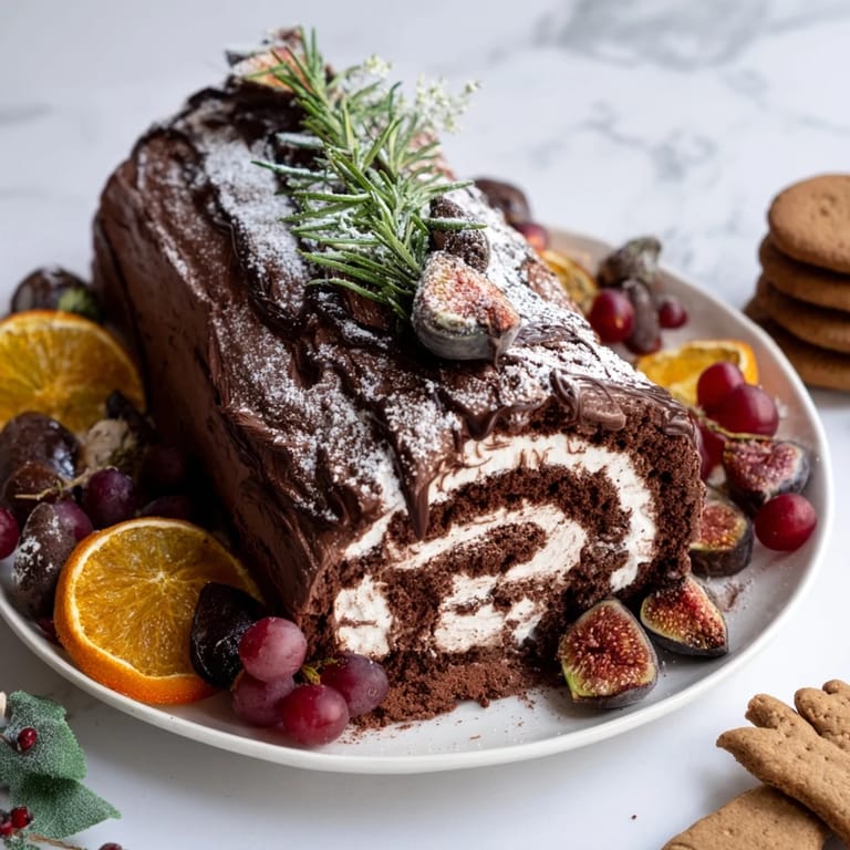 The Winter Warmer: Fireplace Log dessert board presents a chocolate log cake with gingerbread and sugared cranberries.