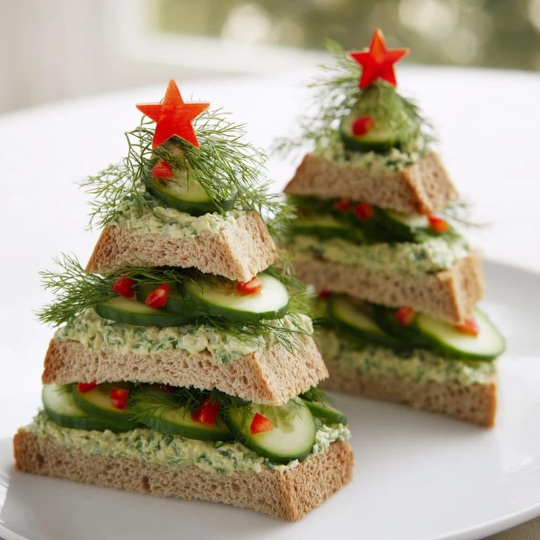 Bright green Cucumber and cream cheese tree stacks offer a delightful, refreshing appetizer perfect for sharing.