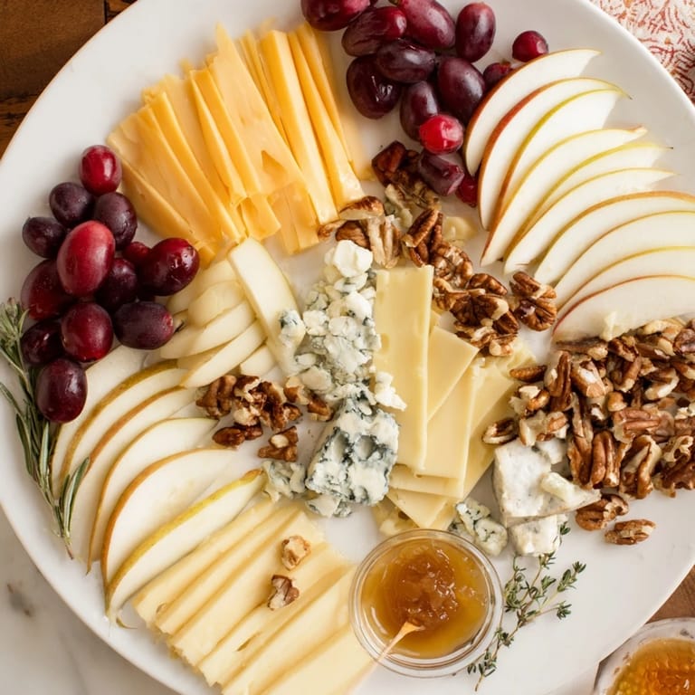 Enjoy a Seasonal Platter: Winter Cabin Cheese Display, complete with cheese, fruits, and bread for nibbling.