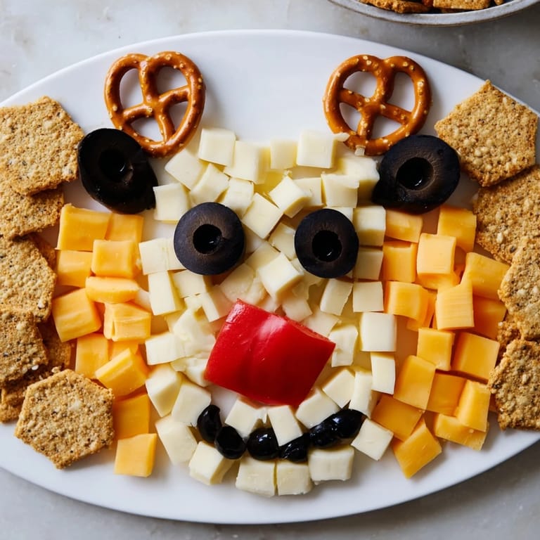 A beautifully arranged cheesy reindeer face, featuring red pepper noses and olives for eyes.