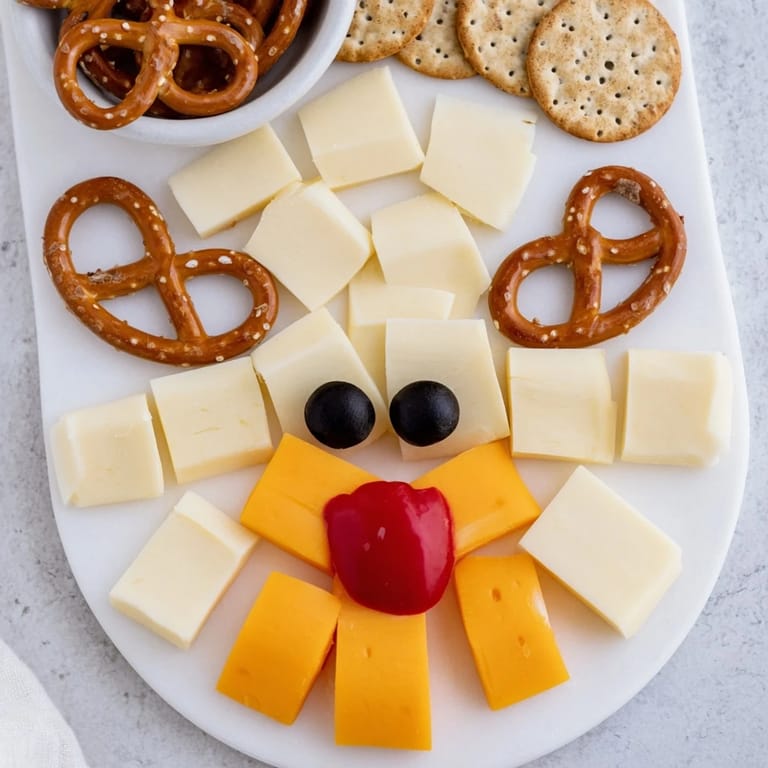 Close-up of a whimsical cheesy reindeer face platter, perfect holiday snacks for kids to enjoy.