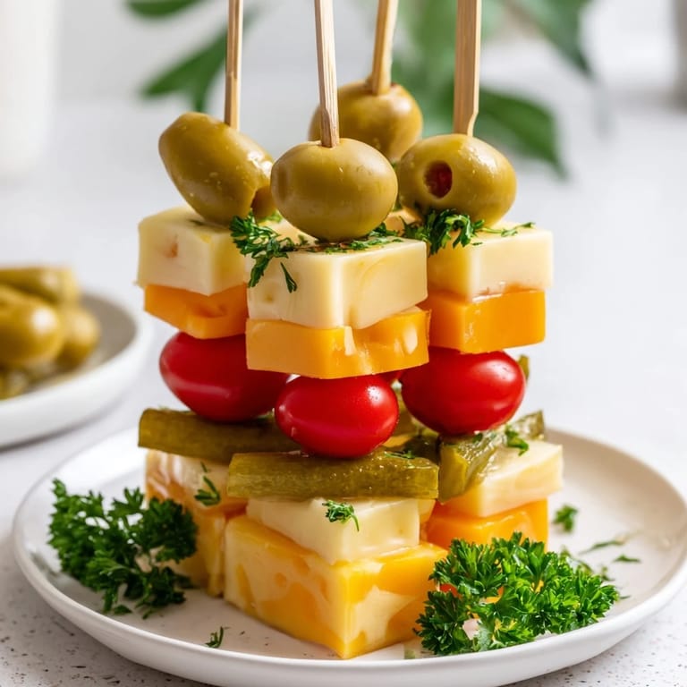 Colorful cubes of cheddar, gouda, and pepper jack form a delicious Festive Cube Cheese Stack appetizer.