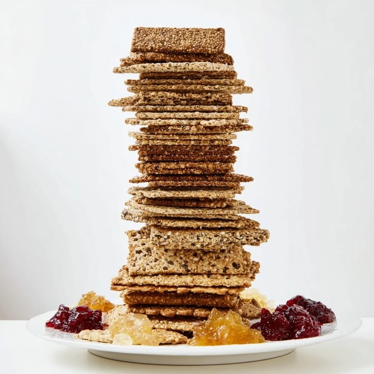 A close-up of the Gourmet Crackers displays an assortment of textures and gourmet preserve pairings.