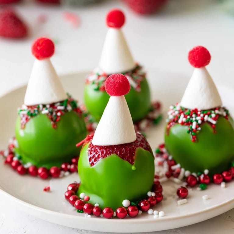 Close-up of vibrant, chocolate-covered Elf Hat Strawberries, ready to eat, a sweet and memorable holiday dessert.