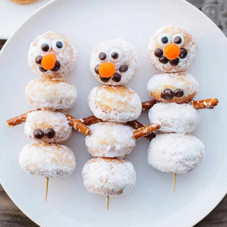 Sweet and festive: Stacked mini donut snowmen with pretzel arms and candy-coated noses, a charming dessert.