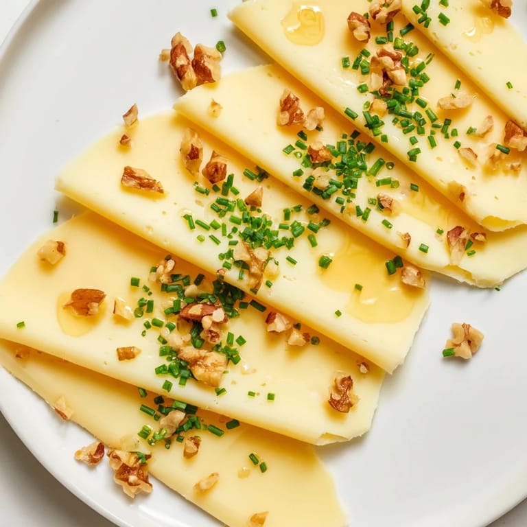 Honey-drizzled Swiss cheese slices, creating a visually delicious appetizer fan, ready to serve immediately.