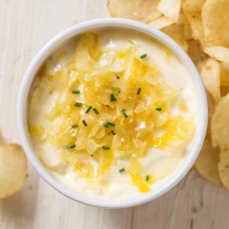 Golden brown potato chips ready for dipping in a flavorful onion dip, perfect for parties.