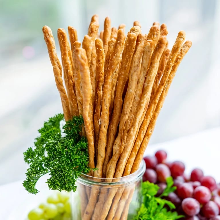The Vertical Forest appetizer presents upright breadsticks, grapes, and parsley for a stunning visual.