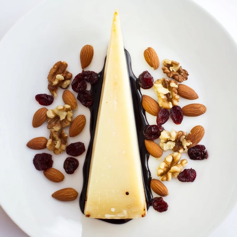 Delicious "The Sundial" cheese board features a sundial of hard cheese surrounded by nuts and balsamic drizzle.
