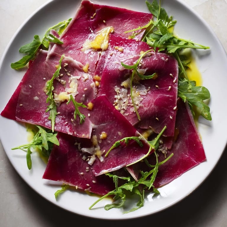 Savory Origami Fold Beef Appetizer, perfectly arranged with visible Parmesan shavings, offers delicious textures.