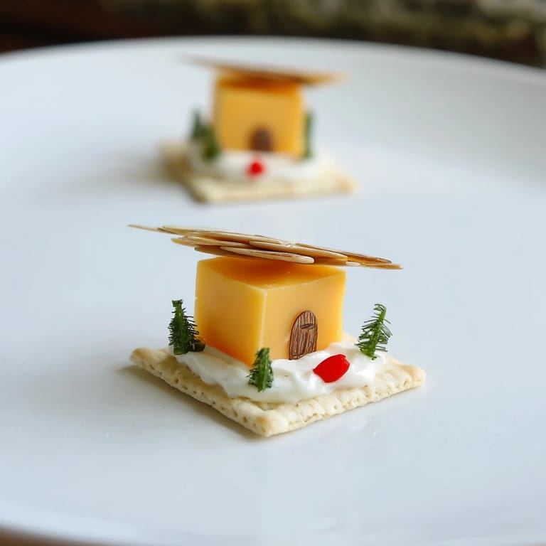 Picture-perfect Alpine Village appetizer: cheese cubes with almond roofs, creating a charming cracker village for sharing.