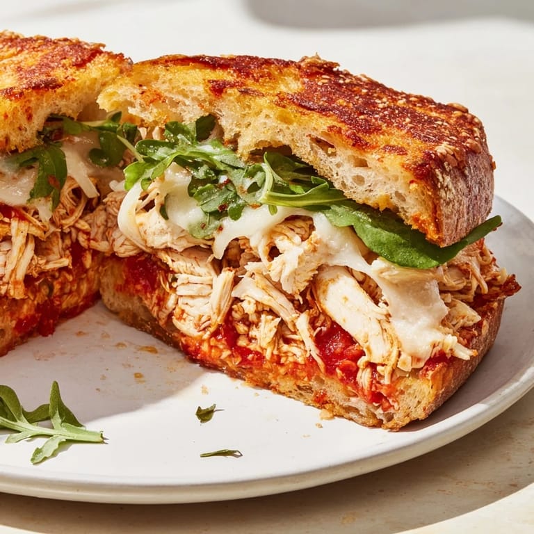 Enjoy a delicious bite of a flavorful Leftover Pizza Chicken Sandwich loaded with chicken and melted cheese.