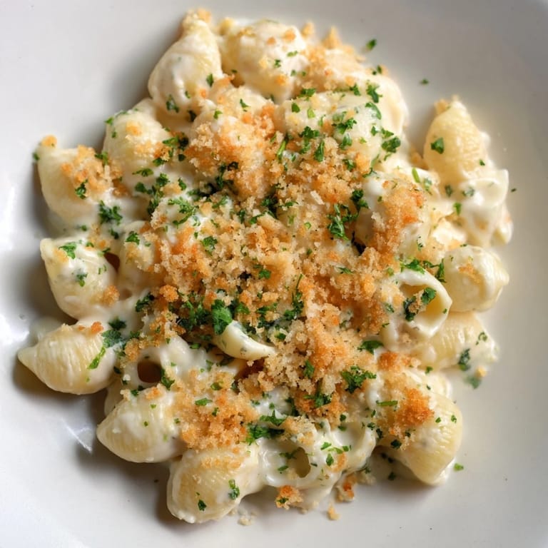 A close-up of a bowl of Cottage Cheese Mac and Cheese, topped with fresh herbs and golden breadcrumbs.