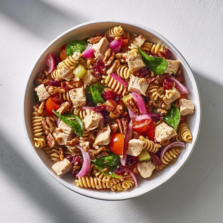 Close-up of a flavorful Pasta Salad with Cranberry Vinaigrette, perfect for a light, delicious meal.